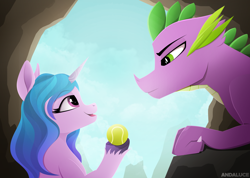 Size: 2900x2068 | Tagged: safe, artist:andaluce, izzy moonbow, spike, dragon, pony, unicorn, g5, my little pony: a new generation, ball, cave, eyebrows, eyebrows visible through hair, happy birthday mlp:fim, high res, izzy's tennis ball, lineless, looking at each other, looking at someone, mlp fim's eleventh anniversary, older, older spike, smiling, tennis ball, unshorn fetlocks