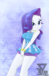 Size: 1350x2109 | Tagged: safe, artist:theretroart88, rarity, equestria girls, equestria girls series, g4, blushing, breasts, busty rarity, clothes, cute, dress, female, geode of shielding, grin, lip bite, looking at you, magical geodes, raribetes, rarity peplum dress, smiling, smiling at you, solo, stupid sexy rarity