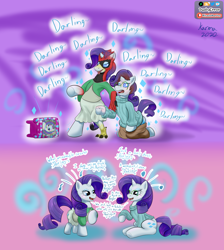 Size: 1840x2056 | Tagged: safe, artist:dustyerror, artist:kparote22, rarity, oc, oc:cassette, oc:kerry, avian, human, pony, unicorn, assimilation, character to character, cloning, clothes, collaboration, darling, dialogue, dress, duality, duo, emanata, female, floating heart, furry, furry oc, furry to pony, glasses, heart, human oc, human to pony, kneeling, male to female, mare, mental shift, mind control, music notes, open mouth, open smile, pants, pink background, purple background, rule 63, saddle, self ponidox, simple background, sitting, smiling, spiral background, sweater, swirly eyes, tack, tongue out, toy, transformation, transgender transformation, twinning, underhoof