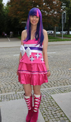 Size: 1470x2520 | Tagged: safe, artist:mad-catra, twilight sparkle, human, equestria girls, g4, bare shoulders, clothes, cosplay, costume, fall formal outfits, irl, irl human, photo, sleeveless