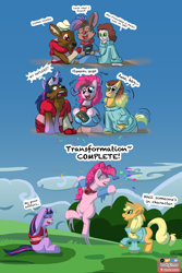 Size: 2000x3000 | Tagged: safe, artist:dustyerror, applejack, pinkie pie, twilight sparkle, oc, oc:cassette, oc:dell, oc:trevor fox, deer, earth pony, human, mouse, pony, unicorn, g4, applejack's hat, arm warmers, art trade, blue background, blushing, character to character, chin stroke, clothes, collar, cowboy hat, descriptive noise, dialogue, distressed, emanata, excited, eyes closed, female, furry, furry oc, furry to pony, gasp, glasses, happy, hat, head in hooves, high res, human oc, human to pony, jacket, jumping, male to female, mare, onomatopoeia, open mouth, open smile, raised hoof, reality shift, rule 63, simple background, sitting, smiling, speech bubble, sweater, transformation, transformation sequence, transgender transformation, trio, underhoof, unicorn twilight, varying degrees of want, vhs