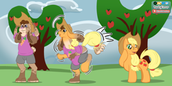 Size: 3000x1500 | Tagged: safe, artist:dustyerror, applejack, oc, oc:trickster, earth pony, pony, rabbit, animal, apple, apple tree, applejack's hat, character to character, clothes, cowboy hat, female, furry, furry oc, furry to pony, glasses, happy, hat, high res, hoof on cheek, looking back, male to female, mare, open mouth, open smile, rule 63, shirt, shorts, smiling, solo, transformation, transformation sequence, transgender transformation, tree