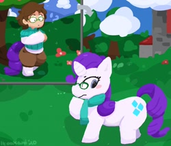 Size: 1280x1090 | Tagged: safe, artist:itoakami, rarity, oc, oc:cassette, human, pony, unicorn, g4, ..., blush sticker, blushing, character to character, clothes, exclamation point, glasses, human oc, human to pony, interrobang, looking back, male to female, pants, question mark, raised hoof, rule 63, scarf, solo, sweater, transformation, transgender transformation, wide eyes