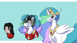 Size: 1280x715 | Tagged: safe, artist:dustyerror, princess celestia, oc, oc:neo, alicorn, human, pony, g4, blue background, bust, character to character, clothes, crown, female, hair over one eye, human oc, human to pony, jewelry, male to female, mare, open mouth, out of frame, peytral, portrait, question mark, regalia, ripping clothes, rule 63, shirt, simple background, solo, swirly eyes, transformation, transformation sequence, transforming clothes, transgender transformation