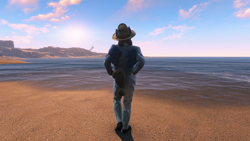 Size: 1920x1080 | Tagged: safe, artist:is_a_ponye, oc, oc:sapphire white, anthro, fallout equestria, beach, clothes, fallout, fallout 4, fallout 4 equestria mod, hat, male, mod, post-apocalyptic, raider, suit, sunrise