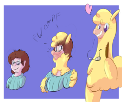 Size: 1280x1072 | Tagged: safe, artist:dustyerror, paprika (tfh), oc, oc:cassette, alpaca, human, them's fightin' herds, blue background, bust, character to character, clothes, community related, floating heart, fluffy, glasses, grin, heart, hoof on neck, human oc, male to female, onomatopoeia, portrait, ripping clothes, rule 63, simple background, smiling, solo, sweater, transformation, transformation sequence, transgender transformation, wavy mouth