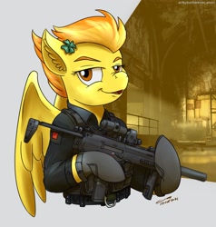 Size: 1920x2018 | Tagged: safe, artist:buckweiser, spitfire, pegasus, pony, g4, clothes, clover, eotech, gun, looking at you, mp7, uniform, weapon