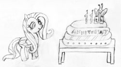 Size: 1482x817 | Tagged: safe, artist:kuco, fluttershy, breezie, pony, g4, cake, candle, food, happy birthday mlp:fim, mlp fim's eleventh anniversary, monochrome, solo, traditional art