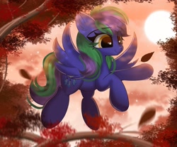 Size: 2480x2052 | Tagged: safe, artist:janelearts, oc, oc only, oc:lishka, pegasus, pony, autumn, commission, commissioner:biohazard, cute, detailed background, ear fluff, eyebrows, eyebrows visible through hair, eyelashes, female, flying, high res, in air, leaves, mare, midair, pegasus oc, raised hoof, smiling, solo, spread wings, tail, tree, two toned mane, two toned tail, wings, ych result