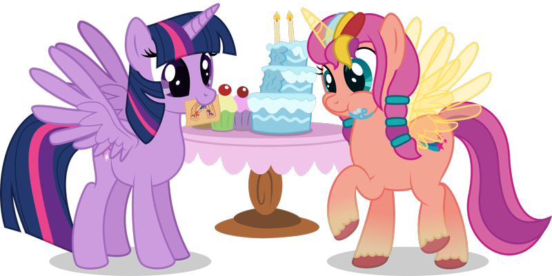 2725794 - safe, artist:thatusualguy06, sunny starscout, twilight sparkle,  alicorn, pony, g4, g5, my little pony: a new generation, alicornified,  artificial wings, augmented, aweeg*, backwards cutie mark, base used,  birthday cake, cake, cupcake,