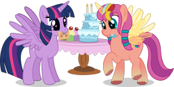 Size: 3025x1516 | Tagged: safe, artist:thatusualguy06, sunny starscout, twilight sparkle, alicorn, pony, g5, my little pony: a new generation, alicornified, artificial wings, augmented, aweeg*, backwards cutie mark, base used, birthday cake, cake, cupcake, cute, duo, duo female, eating, female, food, g5 to g4, happy birthday mlp:fim, herbivore, magic, magic horn, magic wings, mare, messy eating, mlp fim's eleventh anniversary, mouth hold, puffy cheeks, race swap, raised hoof, simple background, spread wings, sunny and her heroine, sunnybetes, sunnycorn, table, transparent background, twiabetes, twilight sparkle (alicorn), unshorn fetlocks, vector, wings