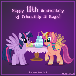Size: 3208x3208 | Tagged: safe, artist:thatusualguy06, sunny starscout, twilight sparkle, alicorn, pony, g5, my little pony: a new generation, alicornified, artificial wings, augmented, aweeg*, backwards cutie mark, base used, birthday cake, cake, cupcake, cute, duo, duo female, eating, female, food, g5 to g4, gradient background, happy birthday mlp:fim, herbivore, high res, magic, magic horn, magic wings, mare, messy eating, mlp fim's eleventh anniversary, mouth hold, puffy cheeks, race swap, raised hoof, spread wings, sunnybetes, sunnycorn, table, text, twiabetes, twilight sparkle (alicorn), unshorn fetlocks, vector, wings