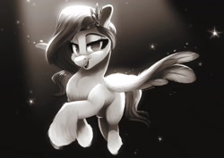 Size: 2829x2000 | Tagged: safe, alternate version, artist:light262, pipp petals, pegasus, pony, g5, my little pony: a new generation, cheek fluff, chest fluff, chromatic aberration, dark, ear fluff, female, fluffy, grayscale, high res, hoof fluff, leg fluff, lidded eyes, looking at you, mare, monochrome, no pupils, open mouth, smiling, smiling at you, solo, sparkles, spotlight, spread wings, unshorn fetlocks, wing fluff, wings