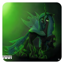 Size: 2250x2250 | Tagged: safe, artist:jearknds, queen chrysalis, changeling, changeling queen, g4, female, high res, lidded eyes, raised hoof, signature, solo