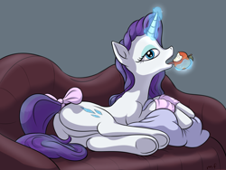 Size: 2048x1536 | Tagged: safe, artist:rnghat, rarity, pony, unicorn, g4, apple, bow, butt, couch, female, food, glowing, glowing horn, horn, magic, mare, plot, rearity, solo, tail, tail bow, telekinesis