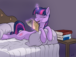 Size: 2048x1536 | Tagged: safe, artist:rnghat, twilight sparkle, pony, unicorn, g4, bed, bibliophile, book, cargo ship, female, glowing, glowing horn, horn, kissing, licking, magic, making out, pillow, ship:twibook, shipping, solo, telekinesis, that pony sure does love books, tongue out, unicorn twilight