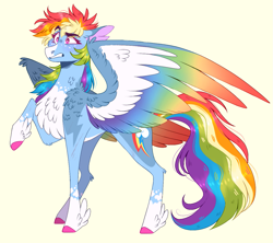 Size: 1201x1068 | Tagged: safe, artist:wanderingpegasus, rainbow dash, pegasus, pony, g4, alternate hairstyle, chest fluff, colored wings, female, mare, markings, raised hoof, solo, unshorn fetlocks, wings