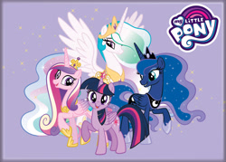 Size: 1050x750 | Tagged: safe, princess cadance, princess celestia, princess luna, twilight sparkle, alicorn, pony, g4, alicorn tetrarchy, big crown thingy, colored wings, element of magic, ethereal mane, ethereal tail, female, gem, gemstones, gradient mane, gradient wings, group, group shot, jewelry, logo, looking at you, looking down, regalia, royal sisters, siblings, simple background, sisters, smiling, smiling at you, sparkles, tail, twilight sparkle (alicorn), wings