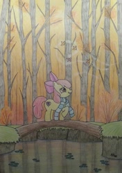 Size: 833x1182 | Tagged: safe, artist:iistarshineii, apple bloom, earth pony, pony, g4, autumn, bridge, clothes, female, filly, forest, leaves, scarf, solo, striped scarf, tree, water