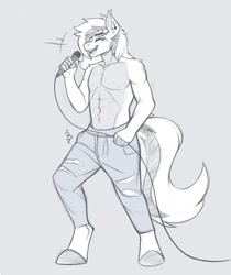 Size: 750x894 | Tagged: safe, oc, oc only, oc:verano, anthro, clothes, jeans, male, microphone, pants, partial nudity, singing, topless