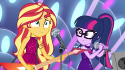 Size: 1920x1068 | Tagged: safe, screencap, sci-twi, sunset shimmer, twilight sparkle, equestria girls, equestria girls specials, g4, my little pony equestria girls: better together, my little pony equestria girls: spring breakdown, all good (song), bare shoulders, electric guitar, guitar, microphone, microphone stand, musical instrument, shrunken pupils, sleeveless, speaker, stage