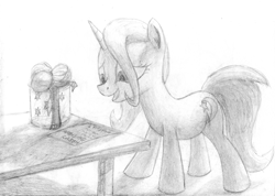 Size: 1600x1136 | Tagged: safe, artist:rnghat, trixie, pony, unicorn, g4, female, grayscale, mare, monochrome, pencil drawing, present, solo, traditional art