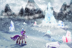 Size: 1280x854 | Tagged: safe, artist:littletigressda, sunny starscout, earth pony, pony, fanfic:forgotten, g5, my little pony: a new generation, cover art, crystal empire, fanfic, fanfic art, fanfic cover, scenery, snow, snowfall, solo