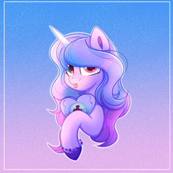 Size: 3000x3000 | Tagged: safe, artist:splashofsweet, izzy moonbow, pony, unicorn, g5, my little pony: a new generation, bracelet, cute, high res, izzybetes, jewelry, looking at you, pillow, solo, tongue out