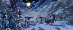 Size: 1600x670 | Tagged: safe, artist:tinybenz, oc, oc only, pony, unicorn, bridle, castle, cloak, clothes, cloud, deviantart watermark, looking back, moon, night, obtrusive watermark, raised hoof, river, ruins, scenery, snow, snowfall, solo, tack, tree, watermark