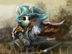 Size: 1600x1200 | Tagged: safe, artist:tinybenz, oc, oc only, pony, armor, battlefield, bruised, cape, clothes, crying, deviantart watermark, helmet, obtrusive watermark, sitting, smoke, solo, sword, watermark, weapon