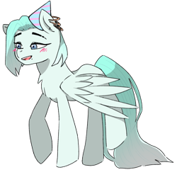 Size: 768x768 | Tagged: safe, artist:metaruscarlet, oc, oc only, oc:minty fresh (ice1517), pegasus, pony, blushing, ear piercing, earring, female, hat, jewelry, mare, open mouth, party hat, piercing, raised hoof, simple background, solo, transparent background
