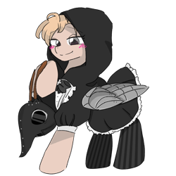 Size: 768x768 | Tagged: safe, artist:metaruscarlet, oc, oc only, oc:dollface lolita, pegasus, pony, amputee, artificial wings, augmented, blushing, clothes, dress, female, hood, mare, plague doctor mask, prosthetic limb, prosthetic wing, prosthetics, simple background, skirt, socks, solo, striped socks, transparent background, wings