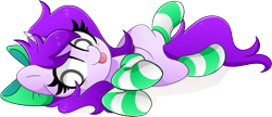 Size: 1824x788 | Tagged: safe, artist:kittyrosie, oc, oc only, oc:mable syrup, pony, unicorn, blind, bow, clothes, cute, hooves up, lying down, ocbetes, on back, purple hair, simple background, socks, solo, striped socks, tongue out, transparent background
