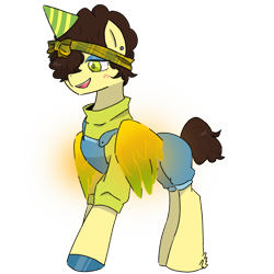Size: 768x768 | Tagged: safe, artist:metaruscarlet, oc, oc only, oc:sol shines, pegasus, pony, bandana, blushing, clothes, ear piercing, earring, eyeshadow, female, hair over one eye, hat, jewelry, makeup, mare, open mouth, overall shorts, overalls, party hat, piercing, shirt, shorts, simple background, solo, t-shirt, transparent background, unshorn fetlocks