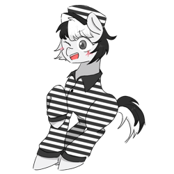 Size: 768x768 | Tagged: safe, artist:metaruscarlet, oc, oc only, oc:bad karma, earth pony, pony, blushing, clothes, eye scar, female, hat, jumpsuit, mare, one eye closed, open mouth, prison outfit, prison stripes, raised hoof, scar, simple background, solo, transparent background, wink