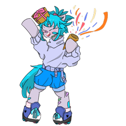 Size: 768x768 | Tagged: safe, artist:metaruscarlet, oc, oc only, oc:onna roll, earth pony, pony, bandaid, belt, bipedal, blushing, clothes, confetti, eyes closed, female, hat, mare, open mouth, party hat, party popper, roller skates, shorts, simple background, solo, sweater, transparent background