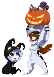 Size: 1729x2450 | Tagged: safe, artist:arctic-fox, oc, oc only, oc:ash wing, oc:ashley fox, oc:nimble wing, pony, bipedal, candy, chibi, clothes, cosplay, costume, cute, disney, female, food, grin, halloween, heartless, holiday, jack-o-lantern, kingdom hearts, looking up, male, nobody, pumpkin, shipping, simple background, sitting, smiling, spread wings, transparent background, wings