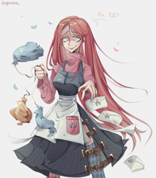 Size: 1400x1600 | Tagged: safe, artist:shpr0ta, pinkie pie, human, g4, apron, balloon, balloon popping, clothes, crying, defeated, dress, female, humanized, letter, long hair, pinkamena diane pie, popping, simple background, smiling, solo, white background