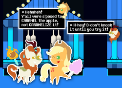 Size: 1600x1152 | Tagged: safe, artist:sketchmcreations, derpibooru exclusive, applejack, autumn blaze, earth pony, kirin, pony, g4, apple, caramel apple (food), carnival, cotton candy, deltarune, dialogue, fair, female, fire, food, glowing, glowing horn, hoof hold, horn, inkscape, looking at each other, magic, mare, mlp fim's eleventh anniversary, one eye closed, open mouth, pointy ponies, smiling, sweat, sweatdrop, telekinesis, vector, walking, wink