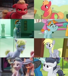 Size: 720x800 | Tagged: safe, screencap, big macintosh, derpy hooves, rumble, snips, sprout cloverleaf, toots, earth pony, pegasus, pony, unicorn, g4, g5, my little pony: a new generation, spoiler:my little pony: a new generation, colt, comparison, female, foal, male, mare, not derpy, stallion, unnamed character, unnamed pony