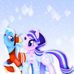 Size: 1080x1080 | Tagged: safe, artist:collie-calamari, starlight glimmer, trixie, pony, unicorn, g4, clothes, duo, female, hat, jacket, lesbian, scarf, ship:startrix, shipping, snow, snowfall, walking, winter hat