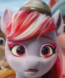 Size: 272x326 | Tagged: safe, screencap, sugar moonlight, earth pony, pony, g5, my little pony: a new generation, anti-mind reading cap, bust, cropped, glitter, open mouth, portrait, solo