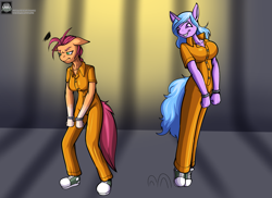 Size: 1925x1400 | Tagged: safe, artist:fours, artist:fourssss, izzy moonbow, sunny starscout, earth pony, unicorn, anthro, plantigrade anthro, g5, my little pony: a new generation, breasts, busty izzy moonbow, clothes, converse, cuffs, jail, jumping, prison, prison outfit, prisoner, prisoner im, prisoner ss, shoes, sneakers, sunny starscout is not amused, varying degrees of want