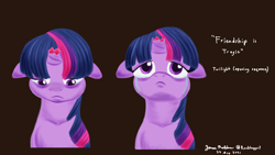 Size: 2400x1350 | Tagged: safe, artist:rockhoppr3, twilight sparkle, pony, unicorn, fanfic:friendship is tragic, g4, broken horn, crying, floppy ears, horn, lineless, looking down, looking up, sad, solo