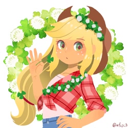 Size: 1024x1024 | Tagged: safe, artist:efuji_d, applejack, equestria girls, g4, clothes, cute, female, floral head wreath, flower, hand on hip, jackabetes, looking at you, plaid shirt, shamrock, shirt, simple background, solo, white background