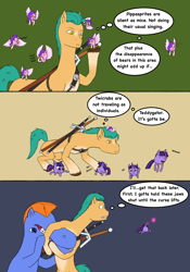 Size: 1668x2388 | Tagged: safe, artist:simonsartbookservice, hitch trailblazer, pipp petals, teddy, twilight sparkle, earth pony, pegasus, pony, unicorn, two legged creature, g1, g4, g5, my little pony tales, my little pony: a new generation, belt, biting, clapping, comic, drunk, drunk bubbles, female, fourth wall, g1 to g5, g4 to g5, hair bite, jumping, magic, male, mouth hold, nesting, not salmon, pippasprite, poking, sniffling, stallion, sword, teddygator, telekinesis, the witcher, thought bubble, twicrab, unicorn twilight, wat, waving, waving at you, weapon, witcher