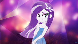 Size: 3840x2160 | Tagged: safe, artist:felux, rarity, human, equestria girls, g4, 4k, :j, abstract background, alternate hairstyle, bare shoulders, clothes, dress, female, high res, sleeveless, smiling, smirk, solo, strapless