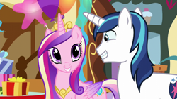 Size: 1920x1080 | Tagged: safe, screencap, princess cadance, shining armor, alicorn, pony, unicorn, g4, season 5, the one where pinkie pie knows, duo, female, husband and wife, male, mare, smiling, stallion