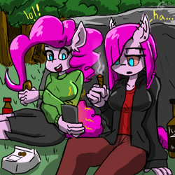 Size: 1280x1280 | Tagged: safe, artist:genericmlp, pinkie pie, earth pony, anthro, g4, blunt, cellphone, clothes, drugs, duality, jacket, munchies, open mouth, open smile, phone, pinkamena diane pie, red eyes, self ponidox, smiling, sweater