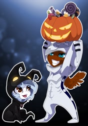 Size: 1729x2450 | Tagged: safe, alternate version, artist:arctic-fox, oc, oc only, oc:ash wing, oc:ashley fox, oc:nimble wing, pony, bipedal, candy, chibi, clothes, cosplay, costume, cute, disney, female, food, grin, halloween, heartless, holiday, jack-o-lantern, kingdom hearts, looking up, male, nobody, pumpkin, shipping, sitting, smiling, spread wings, wings